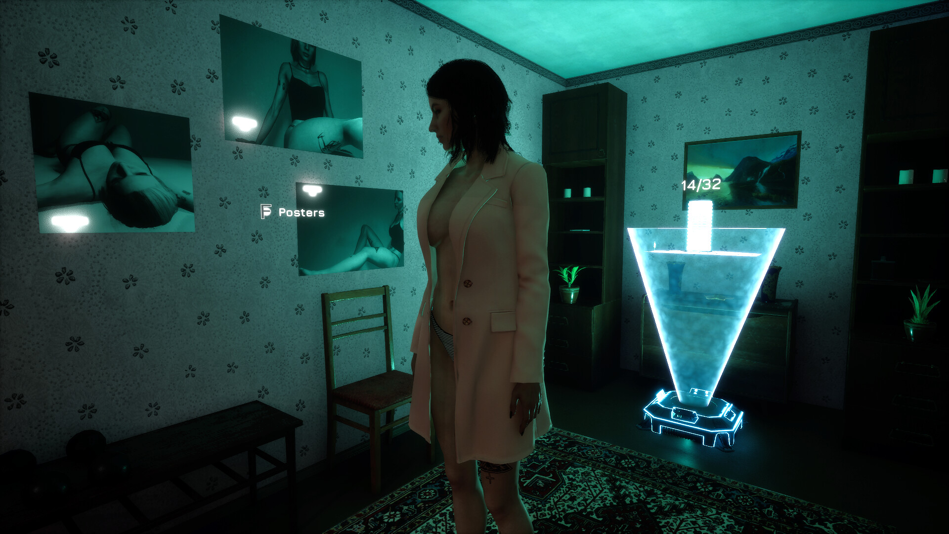 A woman in a long coat stands in a teal-lit bedroom with photo posters on the wall and a glowing glass display.